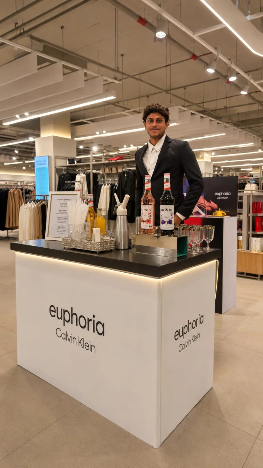 Bartender preparando uma bebida na estação Euphoria Calvin Klein