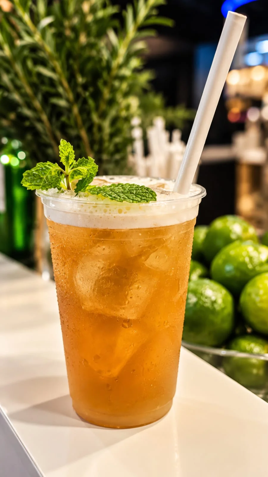 Drink de cor alaranjada com gelo e hortelã