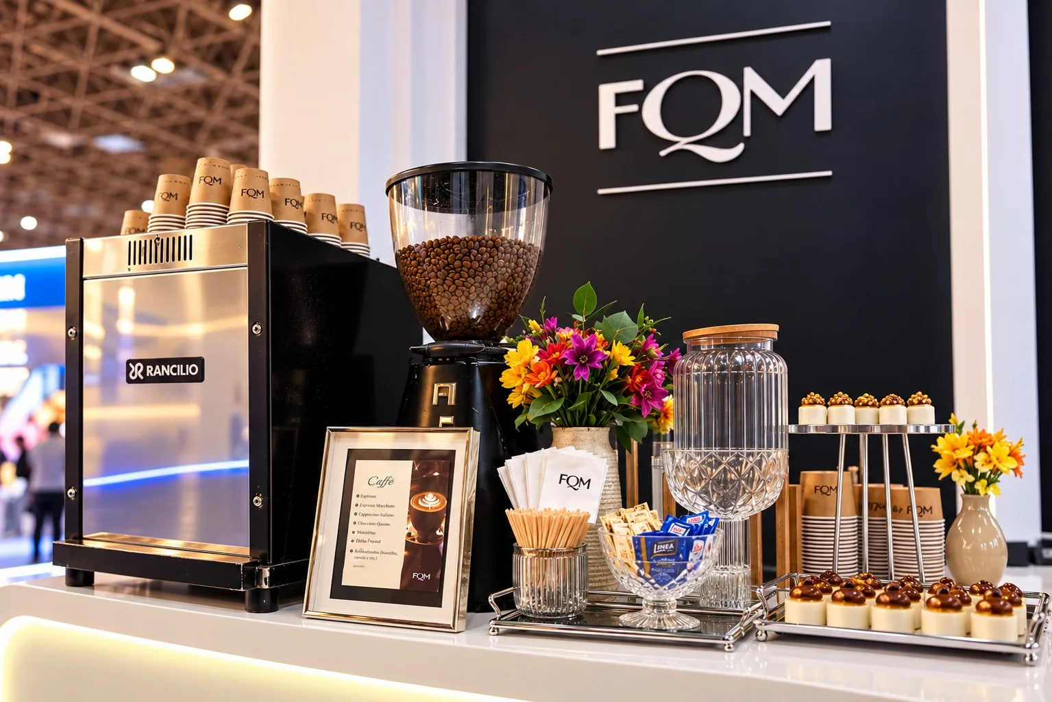 Estação de café da Delicious Drinks no estande FQM
