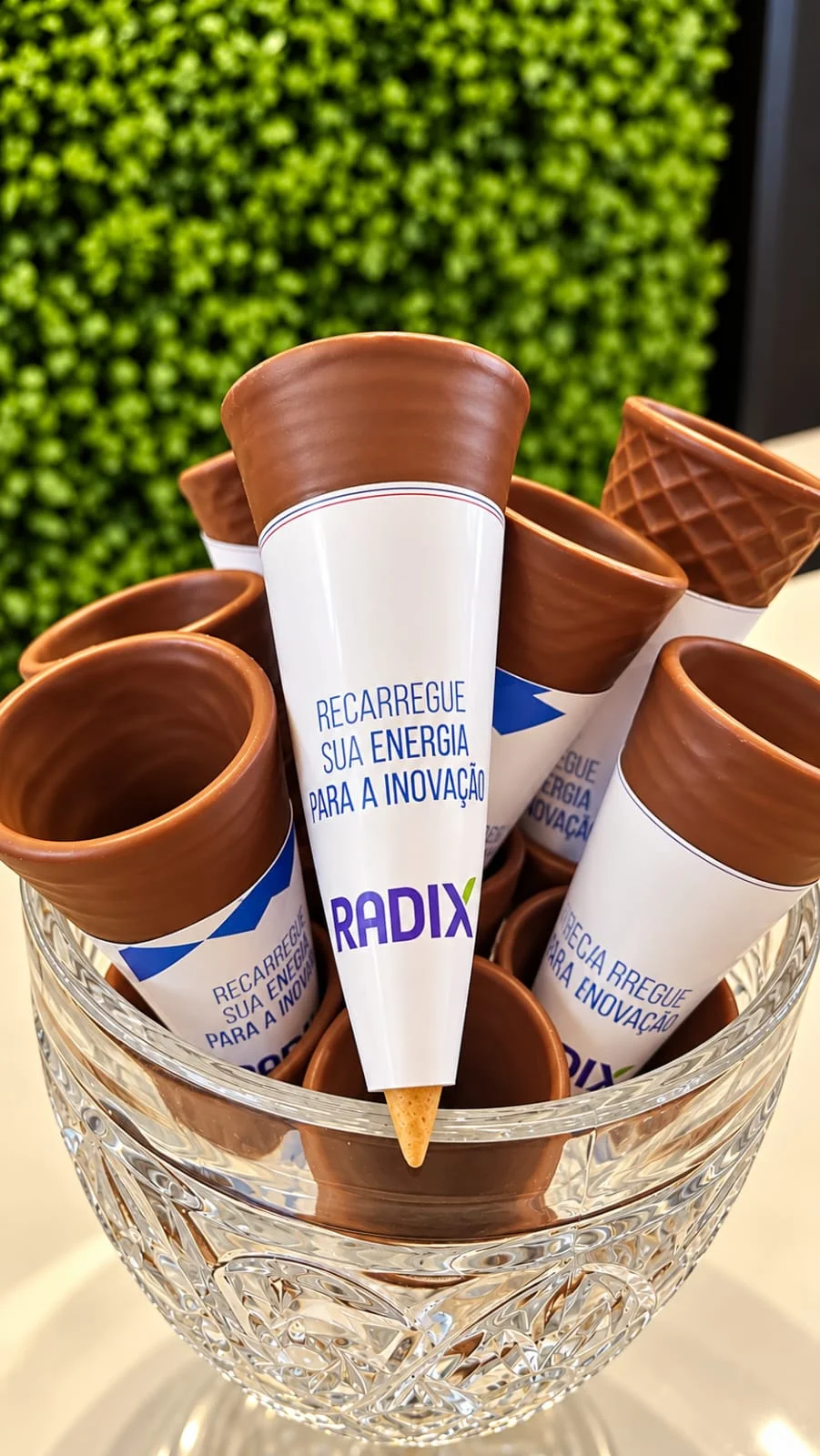 Casquinhas com chocolate e embalagens Radix em uma taça de vidro